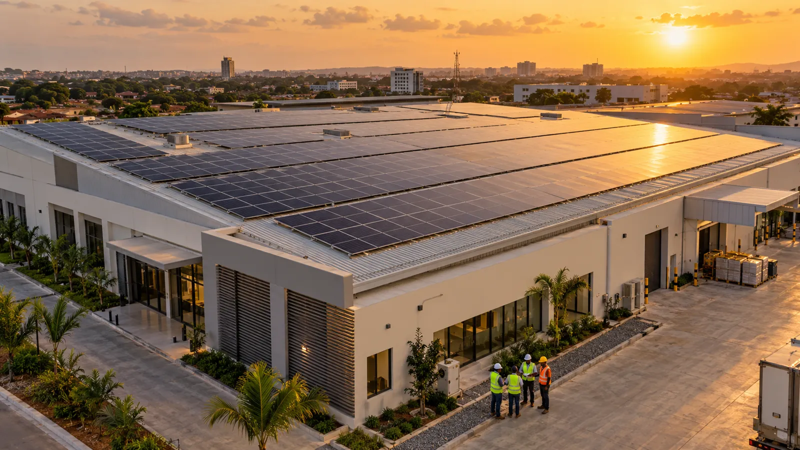 Commercial building with a full rooftop solar array at sunset