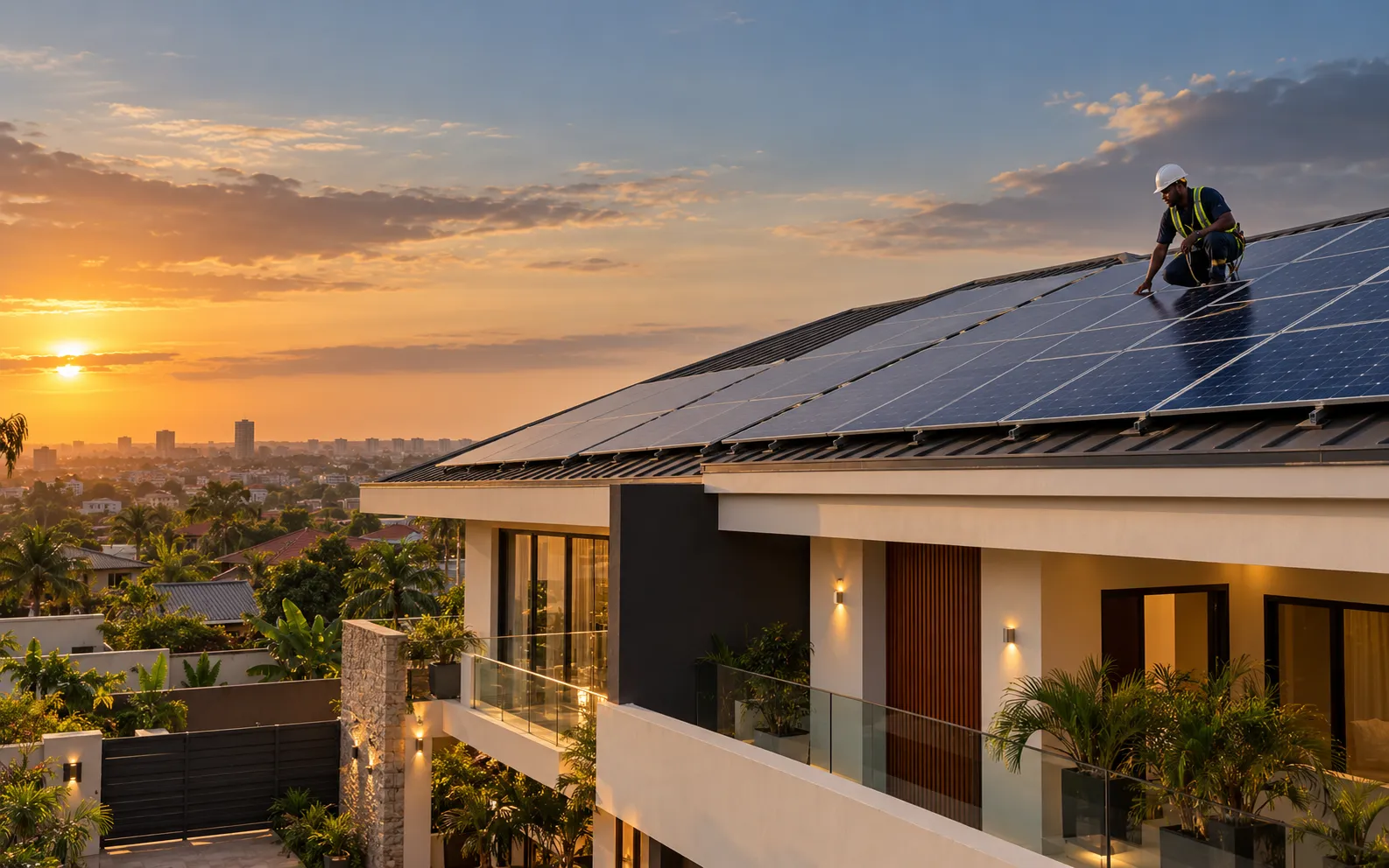 Technician fitting solar panels on the roof of a modern home at sunset