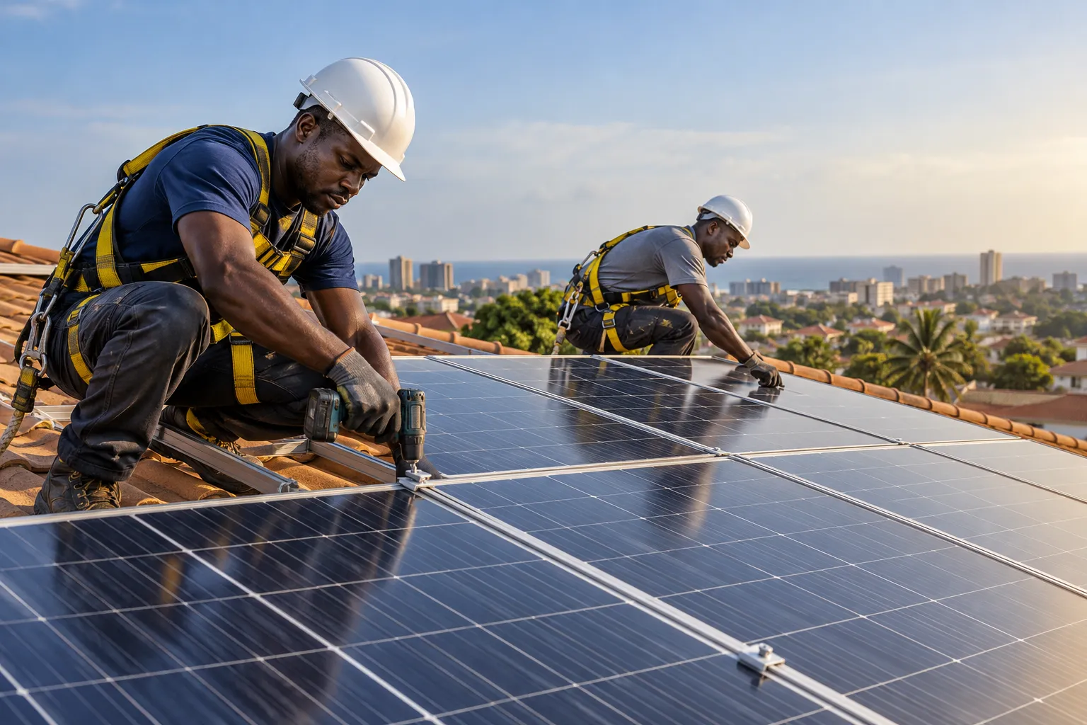 Installer in a safety harness fixing a solar panel on a roof
